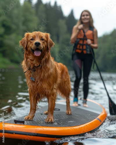 Woman and dog stand up paddleboarding in blue waters, embracing a summer adventure