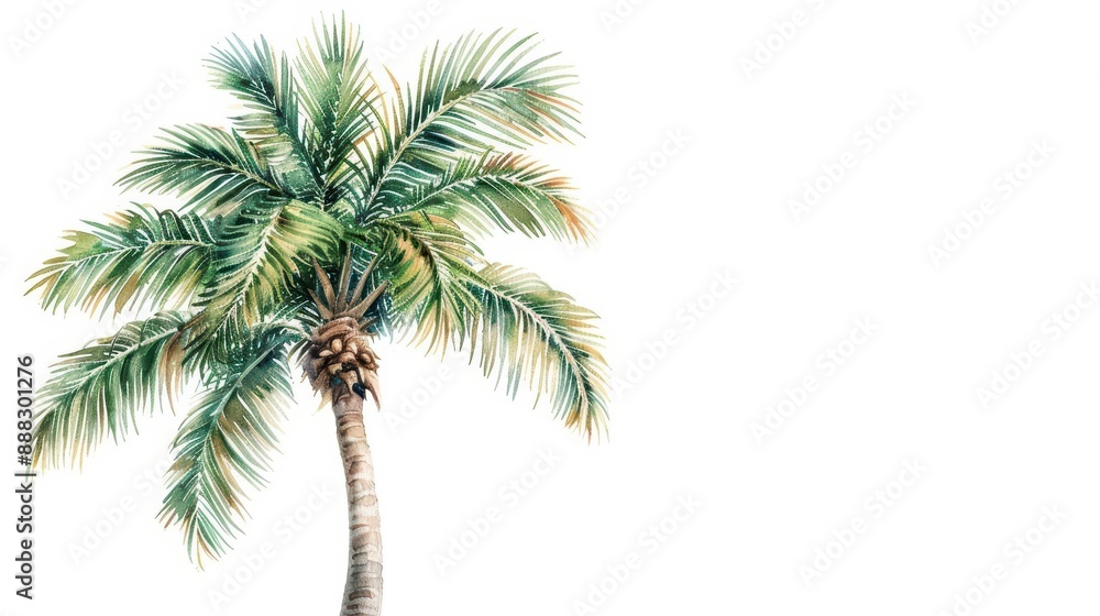 Fototapeta premium A palm tree visualized with tall watercolor fronds isolate on white background