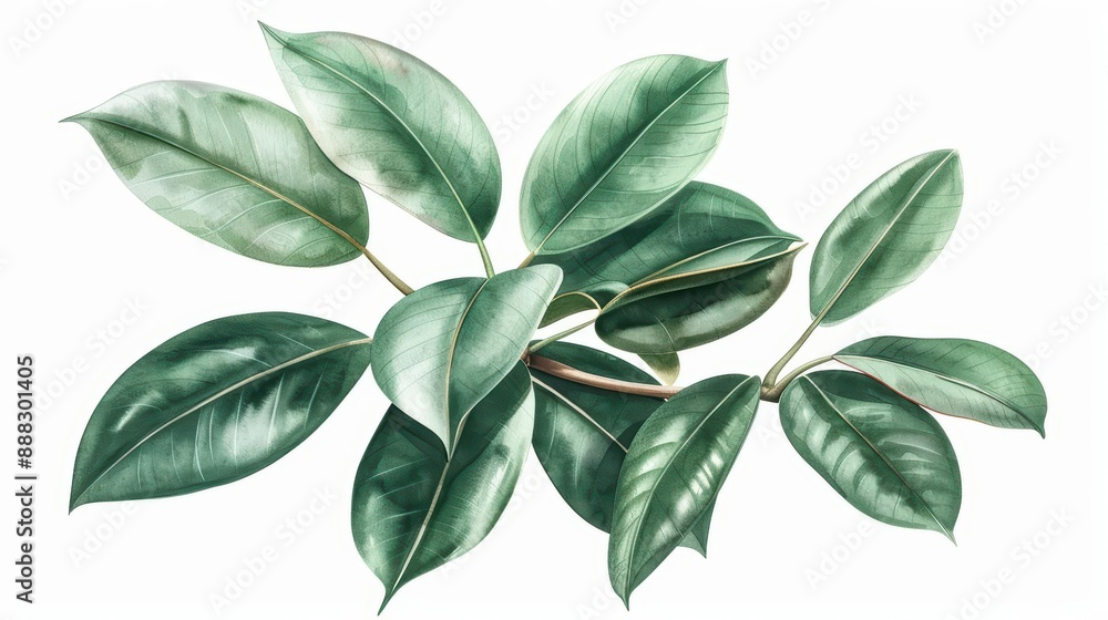 Naklejka premium A rubber tree depicted with lush watercolor leaves isolate on white background