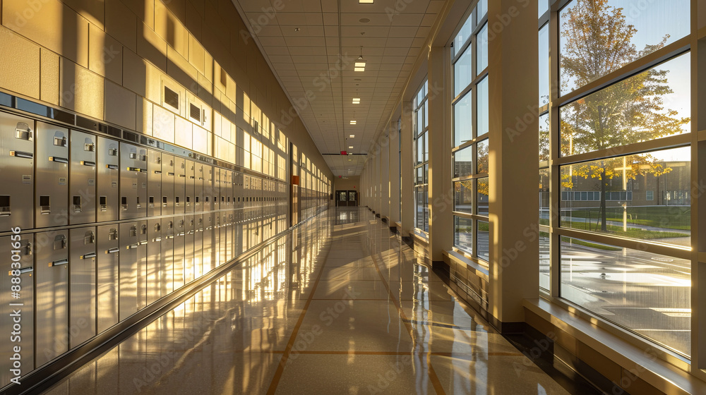 Sunlit empty school hallway with lockers and large windows, serene morning light Sunlit empty school hallway with lockers and large windows, serene morning light