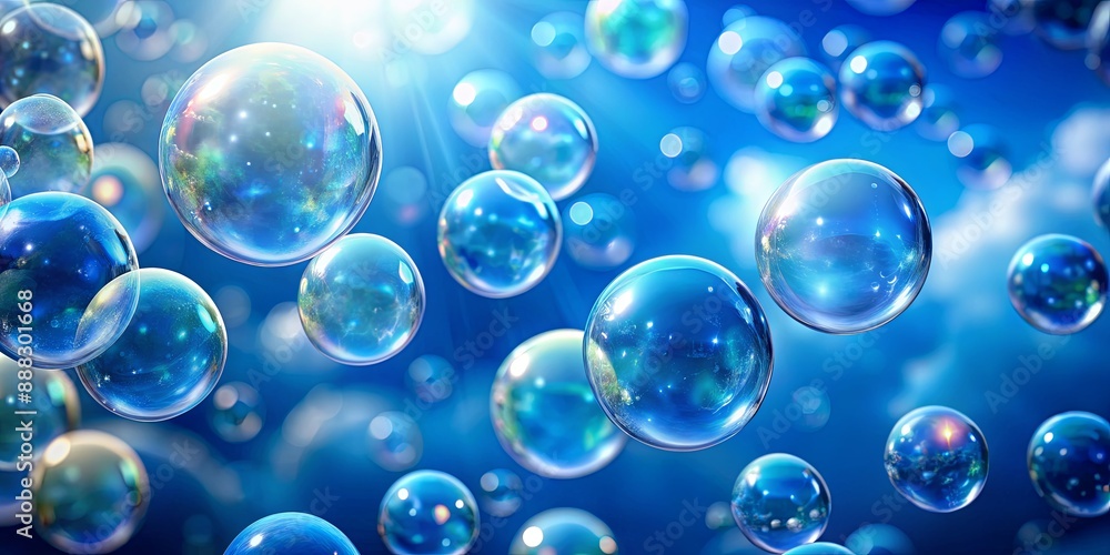 Floating Bubbles in Blue Sky - A digital illustration with a vibrant blue background showcasing multiple iridescent Floating Bubbles in Blue Sky - A digital illustration with a vibrant blue background showcasing multiple iridescent