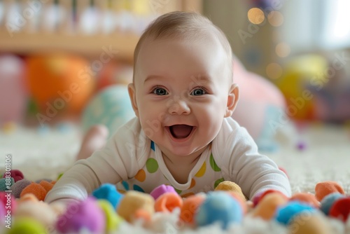 Baby in white, lying on carpet with colorful balls, smiling.
