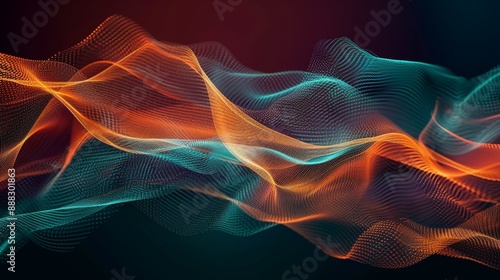 Abstract Digital Waves  Orange and Teal Particles on a Dark Background, abstract art , digital art , digital illustration ,  particle art © BondGraphics