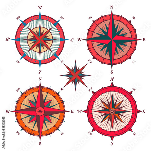 Vintage marine wind rose, nautical chart. Colorful navigational compass with cardinal directions of North, East, South, West. Geographical position, cartography and navigation. Vector illustration