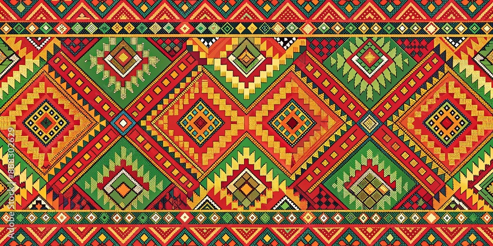 Geometric Mosaic Pattern - Red, Green, and Yellow, Seamless , Digital Art , Tileable , Ethnic Geometric Mosaic Pattern - Red, Green, and Yellow, Seamless , Digital Art , Tileable , Ethnic