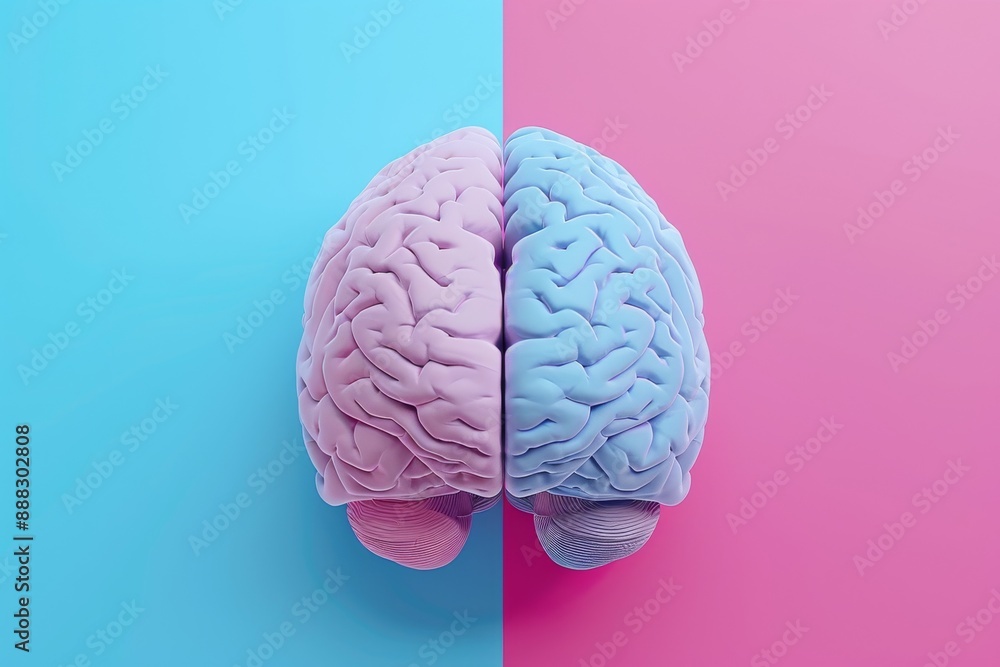 Half blue and half pink brain against a split background, illustrating the concept of left and right brain functions in a modern, vibrant visual Half blue and half pink brain against a split background, illustrating the concept of left and right brain functions in a modern, vibrant visual