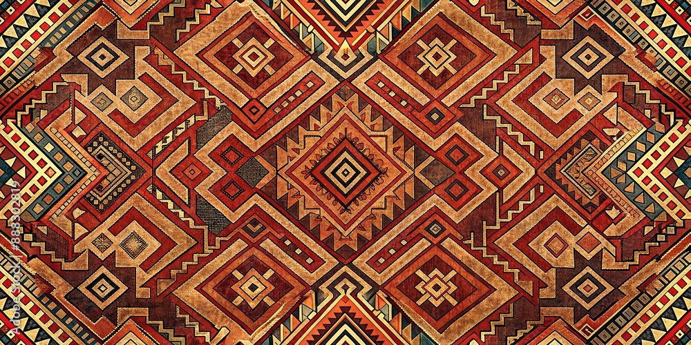 Geometric Tribal Pattern in Red and Brown Hues, Abstract, Geometric, Ethnic, Design , Textile Geometric Tribal Pattern in Red and Brown Hues, Abstract, Geometric, Ethnic, Design , Textile