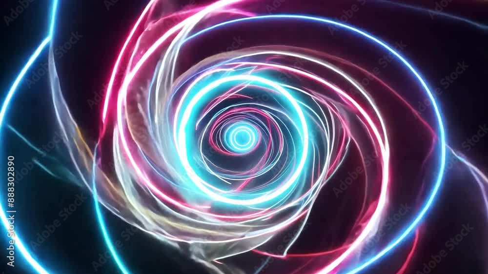 A vibrant, abstract design featuring neon lights in blue, pink, and white swirling around a central circle. A vibrant, abstract design featuring neon lights in blue, pink, and white swirling around a central circle.