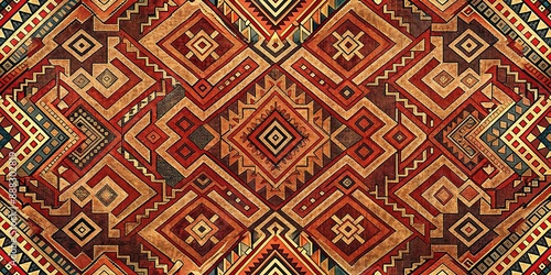 Geometric Tribal Pattern in Red and Brown Hues, Abstract, Geometric, Ethnic, Design , Textile