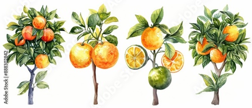 Citrus trees visualized with colorful watercolor fruits isolate on white background
