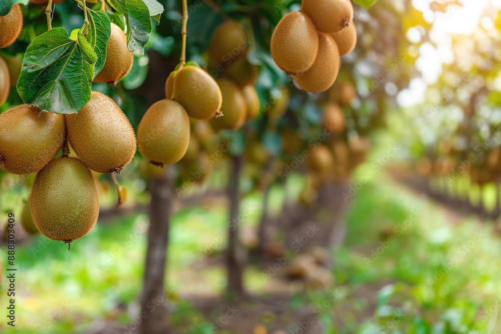 Delicious ripe kiwifruits hanging on trees in a beautiful sun-drenched orchard Delicious ripe kiwifruits hanging on trees in a beautiful sun-drenched orchard