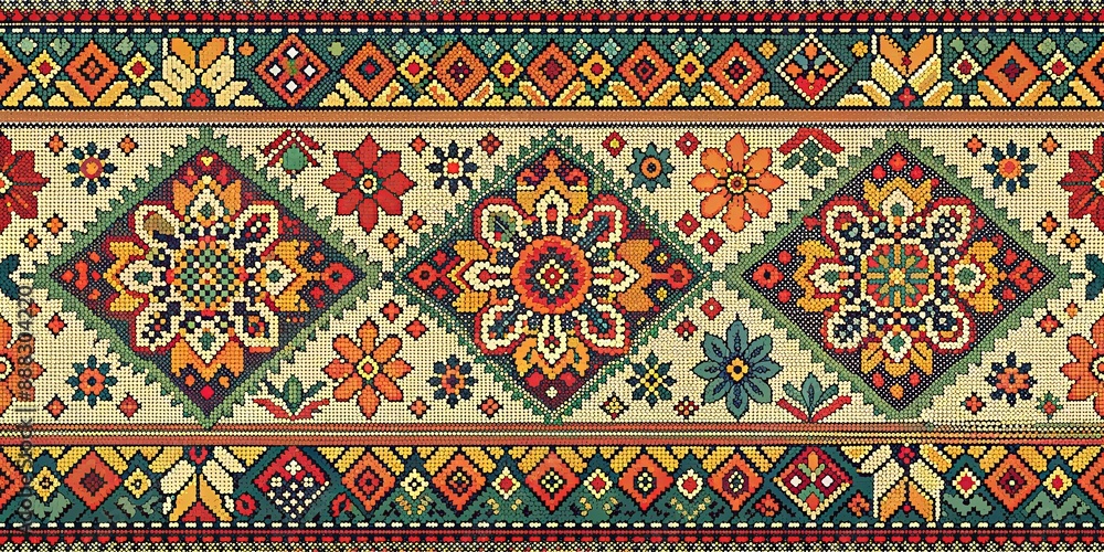 Intricate Floral Mosaic Design with Geometric Patterns, Beads, Ornament, Pattern , Tradition , Colorful , Ukraine Intricate Floral Mosaic Design with Geometric Patterns, Beads, Ornament, Pattern , Tradition , Colorful , Ukraine