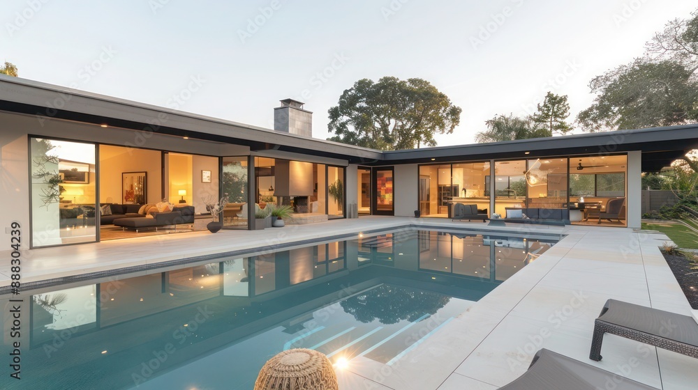 Fototapeta premium suburban mid-century modern home with a seamless transition to a stunning backyard oasis featuring a sleek infinity pool