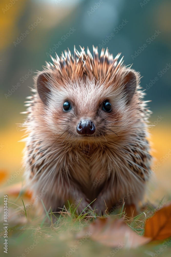 A cute hedgehog with brown and white fur sits in a field of green grass and fallen leaves, looking directly at the camera. A cute hedgehog with brown and white fur sits in a field of green grass and fallen leaves, looking directly at the camera.