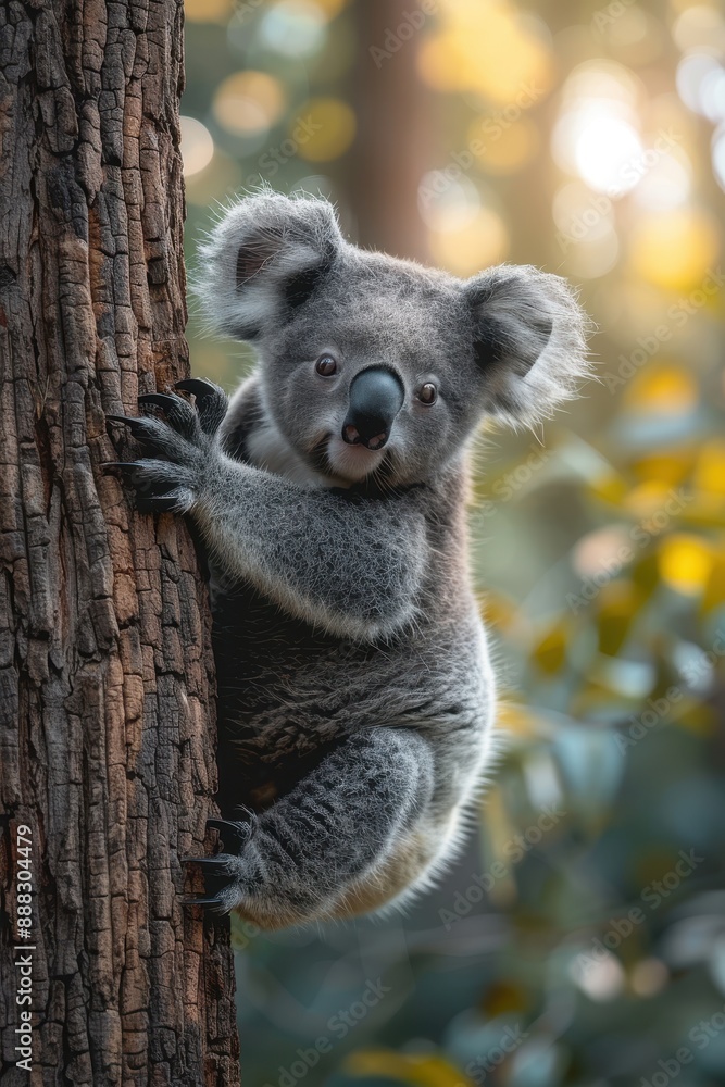 Fototapeta premium A cute koala bear clinging to a tree trunk, looking directly at the camera. Sunlight filters through the leaves behind it.