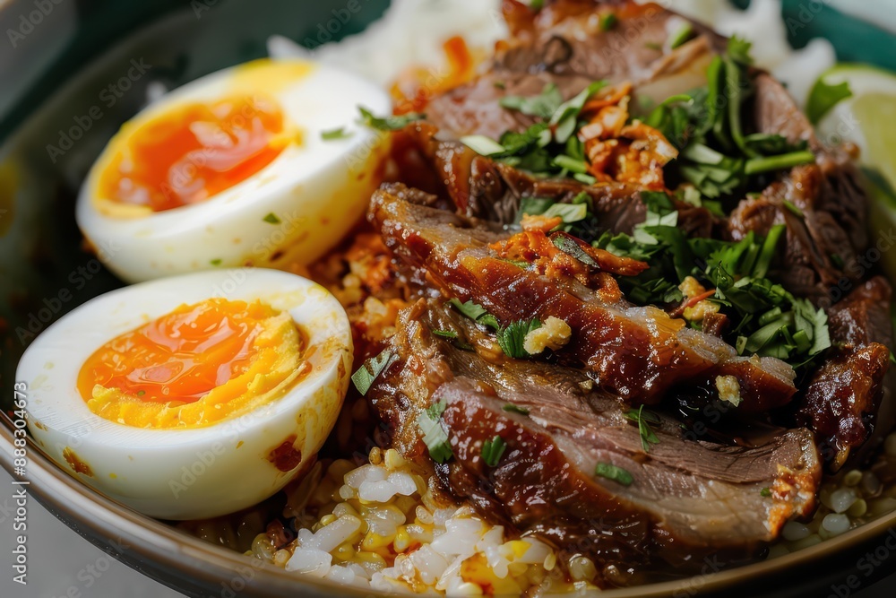 Khao Kha Moo in motion, with tender braised pork leg, boiled eggs, and rice creating a savory and hearty explosion Khao Kha Moo in motion, with tender braised pork leg, boiled eggs, and rice creating a savory and hearty explosion