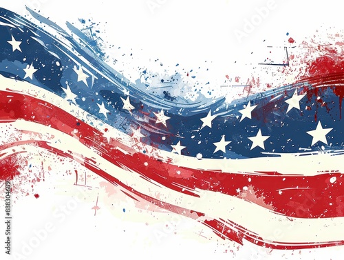 Abstract American flag with red, white, and blue paint splashes and star patterns, symbolizing patriotic and artistic expression.