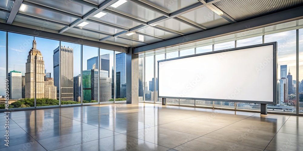 Obraz premium Modern Office Space with Blank Billboard and City View, office space, modern interior, cityscape, billboard