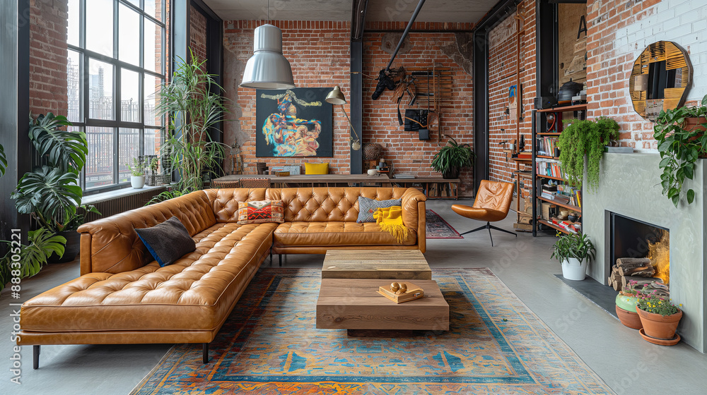 Fototapeta premium Modern Industrial Loft Living Room with Stylish Decor and Cozy Ambience
