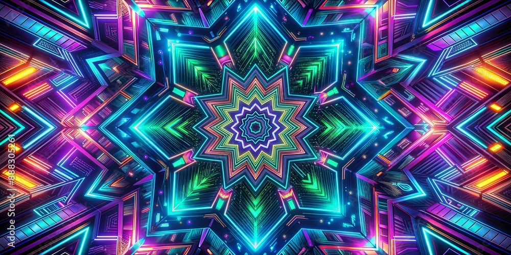Neon Kaleidoscope Starburst 3D Rendered Abstract Geometric Pattern with Vivid Colors, kaleidoscope , neon , 3d art , geometric art Neon Kaleidoscope Starburst 3D Rendered Abstract Geometric Pattern with Vivid Colors, kaleidoscope , neon , 3d art , geometric art