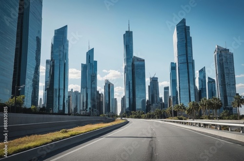 Empty road leading to cityscape of glass and steel skyscrapers
