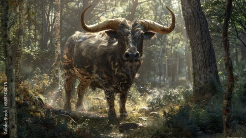 A large horned animal standing in the middle of a forest. Generative AI. photo