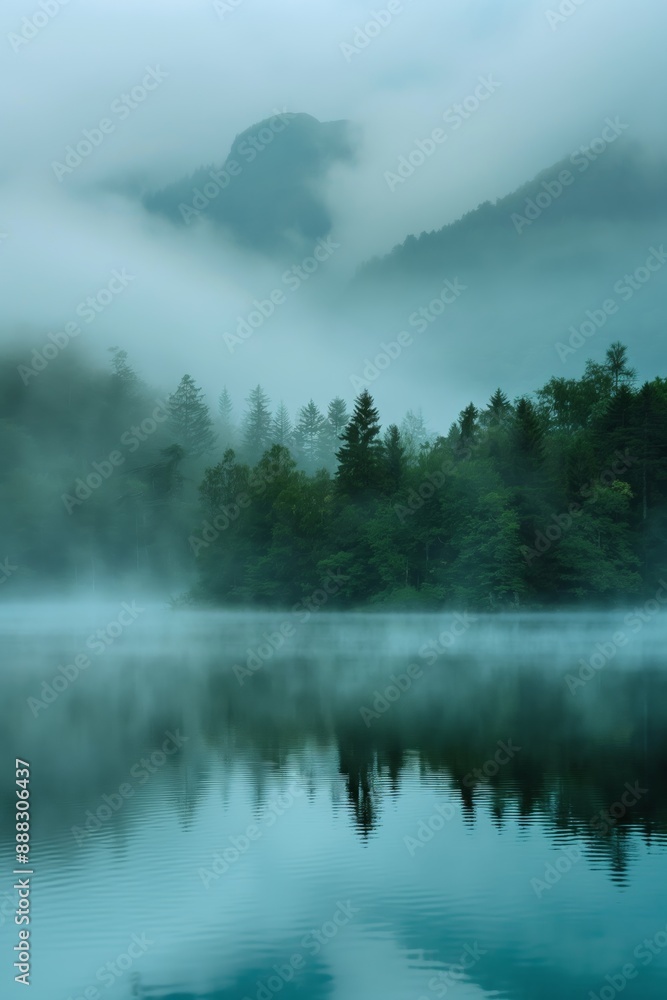 Fototapeta premium A misty forest with a lake in the background. The trees are tall and the sky is cloudy