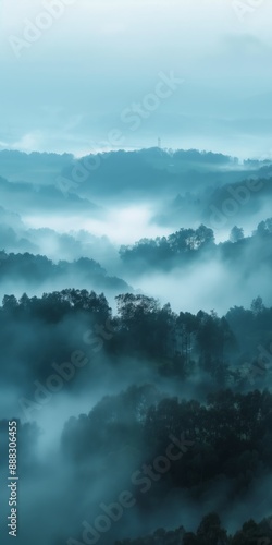 The sky is blue and the trees are covered in fog. The misty atmosphere gives the scene a serene and peaceful mood