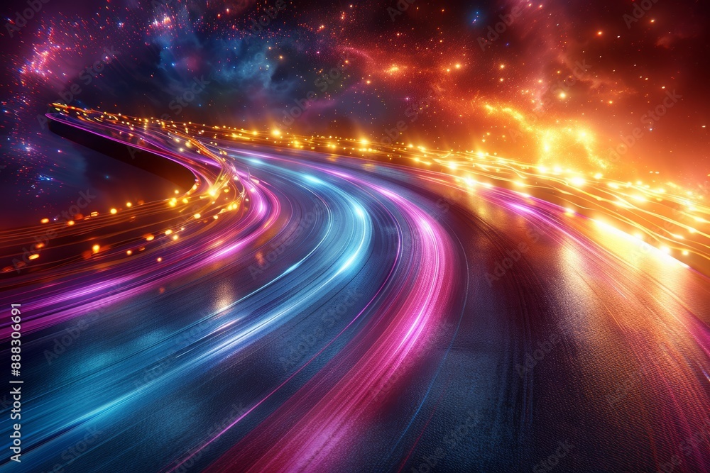 A futuristic highway with vibrant neon lights and glowing trails, set against a starry night sky, creating a dynamic and mesmerizing scene.
A futuristic highway with vibrant neon lights and glowing trails, set against a starry night sky, creating a dynamic and mesmerizing scene.