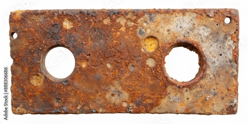 Rusty Metal Plate with Two Holes, Isolated on White, Macro Photography, Texture, Background, grunge , metal