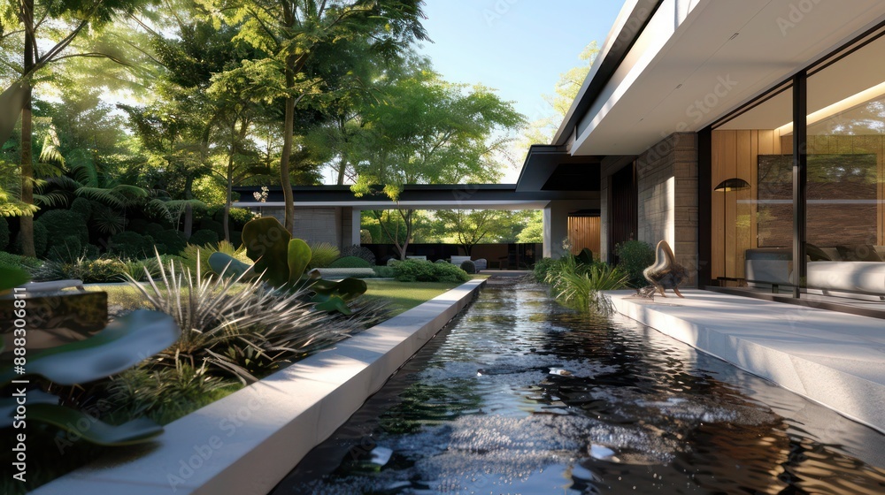 suburban contemporary home with a unique water feature running through the property, blending the indoor with the outdoor suburban contemporary home with a unique water feature running through the property, blending the indoor with the outdoor