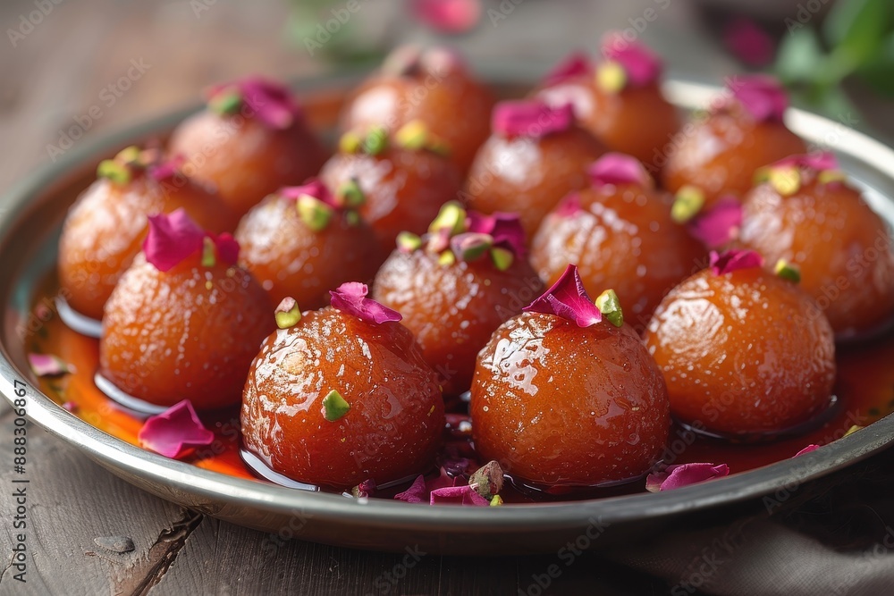 India Gulab Jamun Soft, round dough balls soaked in a golden sugar syrup, garnished with crushed pistachios and rose petals on a silver plate. India Gulab Jamun Soft, round dough balls soaked in a golden sugar syrup, garnished with crushed pistachios and rose petals on a silver plate.