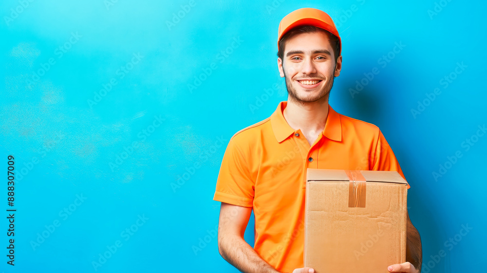 A Delivery Man's Joyful Package Handoff Against a Vibrant Blue Background A Delivery Man's Joyful Package Handoff Against a Vibrant Blue Background