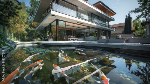 suburban contemporary home with an avant-garde design, featuring a cantilevered second floor over a crystal-clear koi pond photo