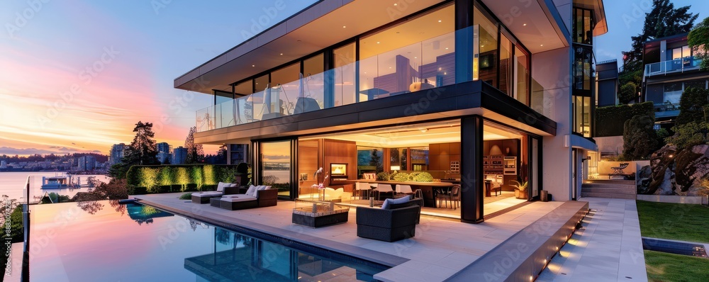 Luxurious modern house at dusk with warm lighting and large windows. Luxurious modern house at dusk with warm lighting and large windows.