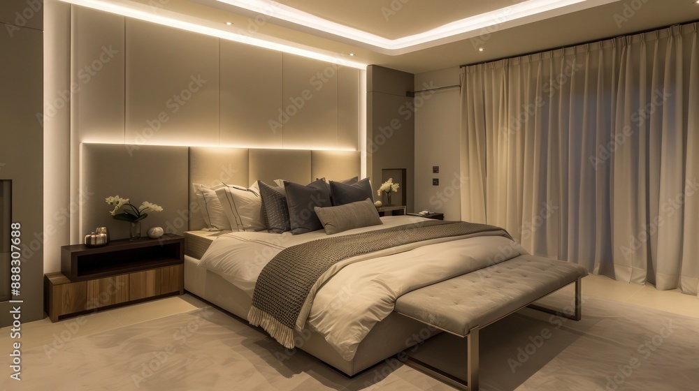 Suburban Contemporary bedroom with a minimalist design, featuring a large bed, soft lighting, and a calming color palette Suburban Contemporary bedroom with a minimalist design, featuring a large bed, soft lighting, and a calming color palette