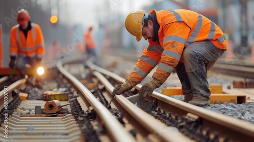 German construction worker on railway construction site engaged in various tasks