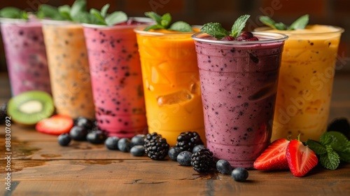 Six colorful fruit smoothies in plastic cups with fruit garnishes, arranged in a row on a wooden table, surrounded by fresh fruits and mint leaves.

 photo