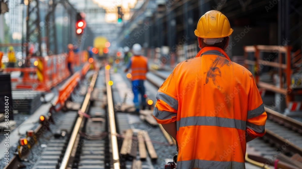 German construction worker working at railway track construction site in germany German construction worker working at railway track construction site in germany