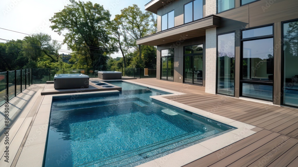 panoramic pool deck in a suburban contemporary home, with integrated hot tubs and flush decking panoramic pool deck in a suburban contemporary home, with integrated hot tubs and flush decking