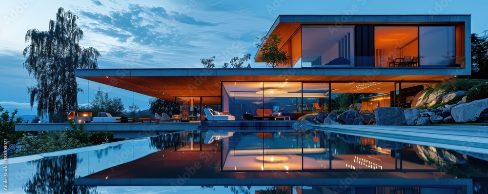 Luxurious modern house at dusk with warm lighting and large windows. Luxurious modern house at dusk with warm lighting and large windows.