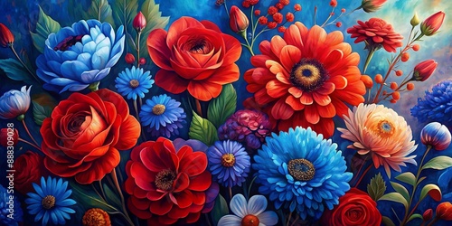 Vibrant Floral Symphony in Blue and Red, Oil Painting, Colorful Flowers, Abstract Art, Floral Design, Blue, Red