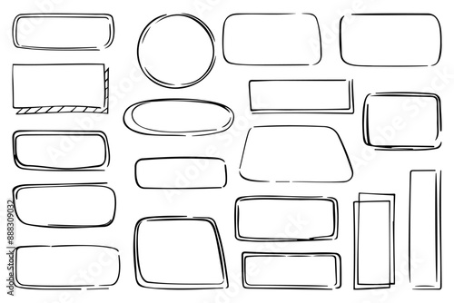 Set of hand drawn frames. Shape of various doodles. Draw a square text box using ink. Doodle highlighting design elements. Line border. Vector illustration isolated on white background.