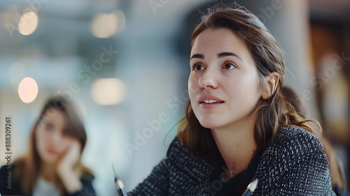 A young businesswoman leads a discussion during a business meeting