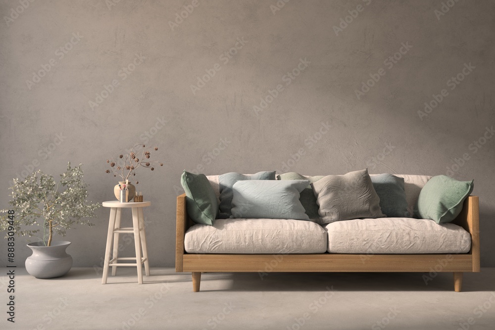 Concrete living room with sofa. Scandinavian interior design. 3D illustration