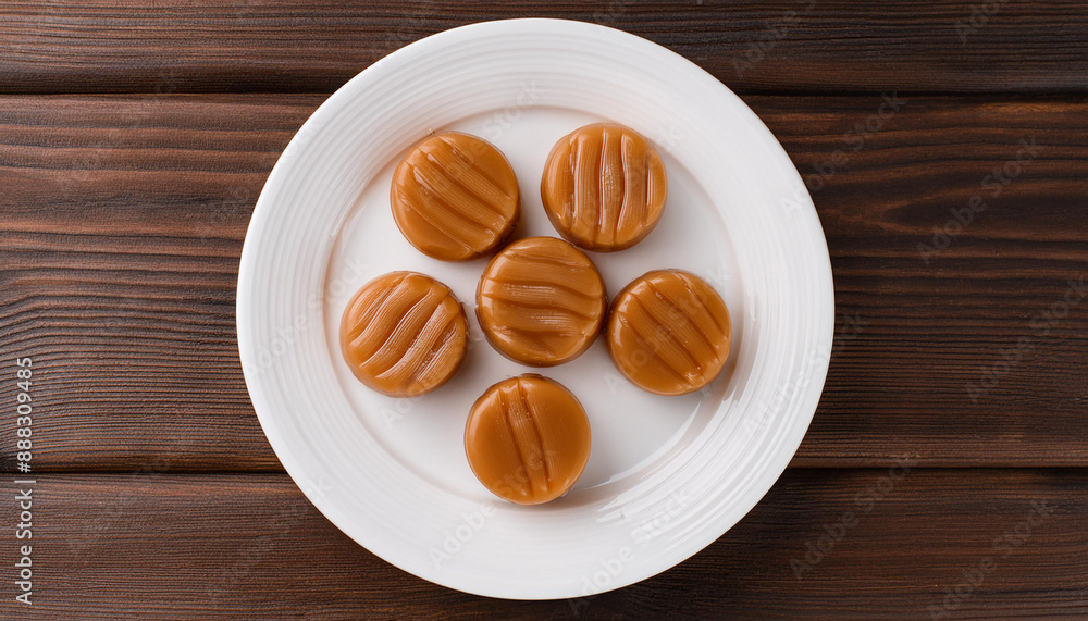 Tasty caramel candies on plate on wooden table. Sweet food. Close-up. Top view Tasty caramel candies on plate on wooden table. Sweet food. Close-up. Top view