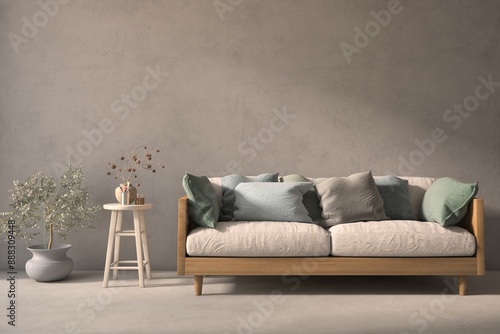 Obraz na płótnie Concrete living room with sofa. Scandinavian interior design. 3D illustration w salonie