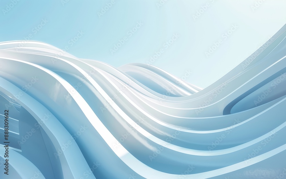 Fototapeta premium 3D render of abstract white curved shapes on a blue background, futuristic building design