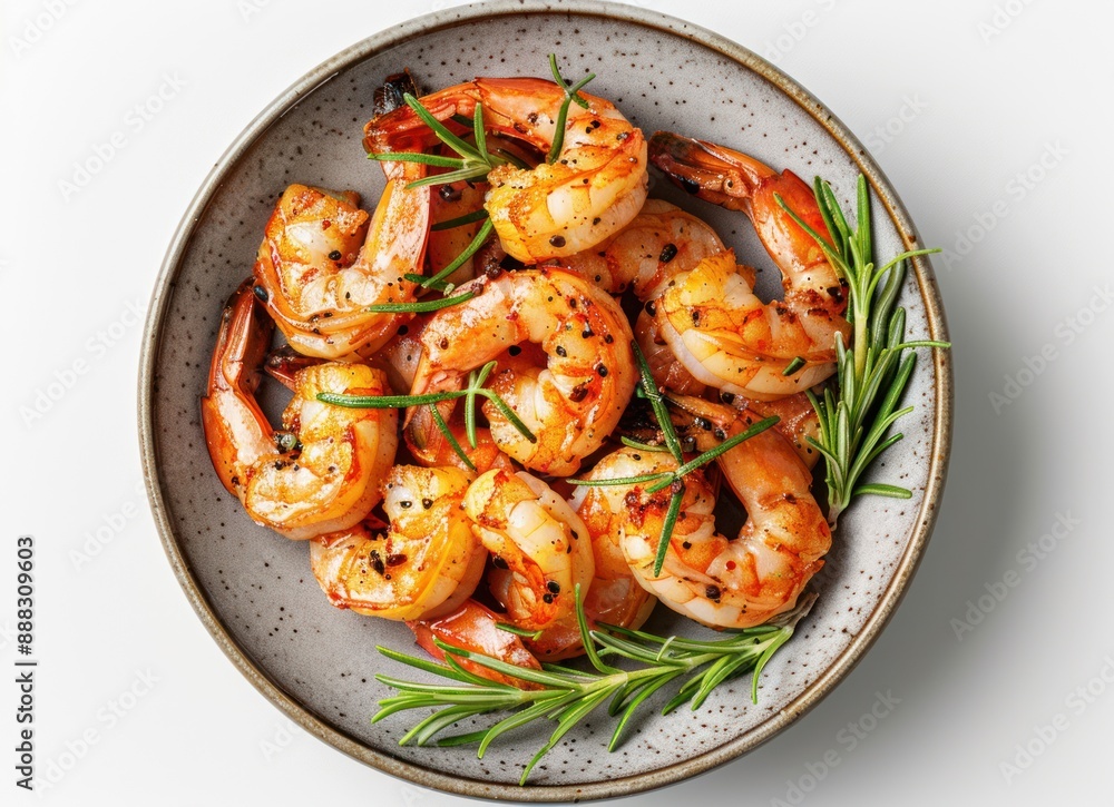 Close-up of cooked shrimp in a bowl with rosemary sprigs and peppercorns Close-up of cooked shrimp in a bowl with rosemary sprigs and peppercorns