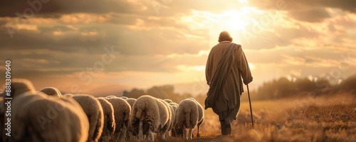 A shepherd leads a flock of sheep towards a golden sunset.